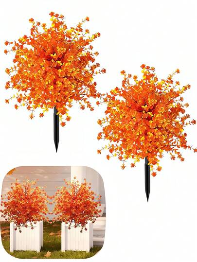 2/1 Set Artificial Orange Camellia Ground Stake With Ground Anchor, UV-Resistant Synthetic Lavender Shrub, Suitable For Indoor And Outdoor Summer And Autumn Decoration, Ideal For Home, Hotel, Garden, Wedding And Holiday Scenes, Halloween Decoration