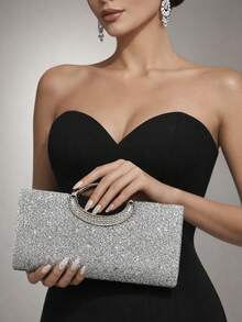 Spotlight Of The Evening: Silver Sequin Evening Bag With Metal Ring Handle, Shimmering Elegance For Your Party Look - Silver - View 1