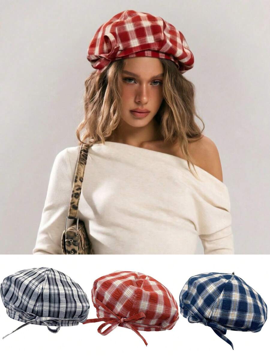 1pc Japanese Vintage Plaid Beret Hat For Women, Summer College Style Painter Hat, Large Head Circumference, Face-Slimming Cloud Octagonal Hat, Retro Style, Commute Essential Plaid Beret - A - View 1