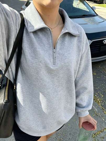 Women's College Style Half-Zip Sweatshirt, Heather Grey Casual Pullover, Soft Campus Top