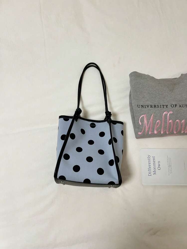 Women's Polka Dot Canvas Leather Trim Tote Bag Shoulder Bag Suitable For Work Travel Casual (Back To School Backpack) - Blue - View 6