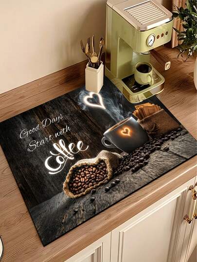 1 pieza Tapete de café de tierra de diatomeas, base de madera oscura desgastada con grano, bolsas de arpillera esparcidas llenas de granos de café y paquetes de polvo de café, centro con una taza de café con vapor en forma de corazón ascendente e impresión de corazón de luz cálida en el Body de la taza, lado izquierdo con texto en inglés cursivo blanco "Good Days Start With Coffee", adecuado para decoración de cocina, baño, entrada, lavandería, dormitorio, sala de estar y talla grande