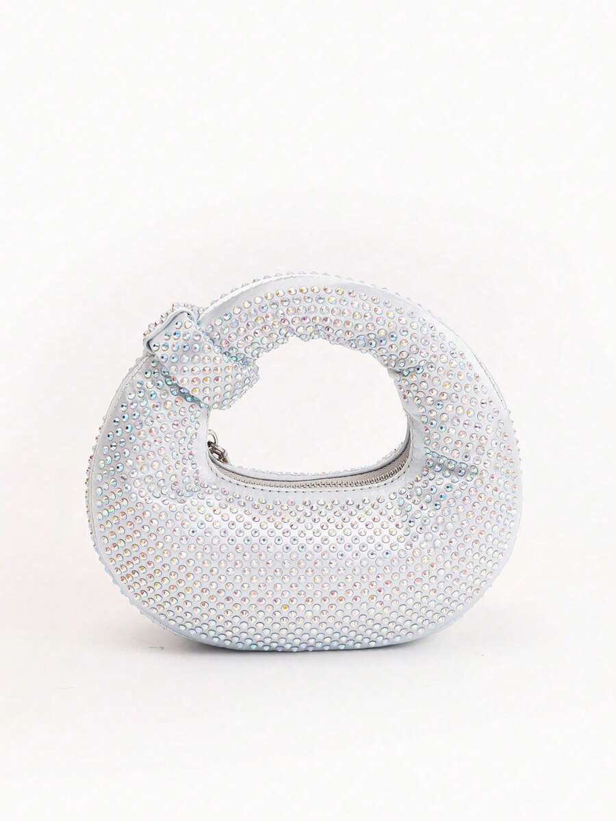 Mini Hobo Bag In A Crescent Shape, Fully Covered In Rhinestones, Integrated Circular Handle With Bow, Zipper, Various Colors, Women's Party, Wedding, Birthday Gift - Apricot - View 1