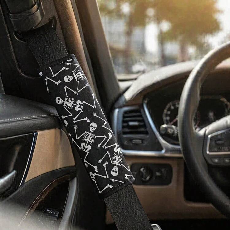 2件組舞蹈骷髏印花汽車安全帶肩墊，萬聖節主題，柔軟材質，汽車安全帶套，通用汽車內飾裝飾配件 - A - 查看 6