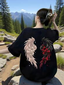 Camiseta Casual de Manga Corta con Cuello Redondo y Diseño Gráfico, Perfecta para Verano y Primavera, Diseñada para Mujeres de Tallas Grandes - Negro - Ver 6