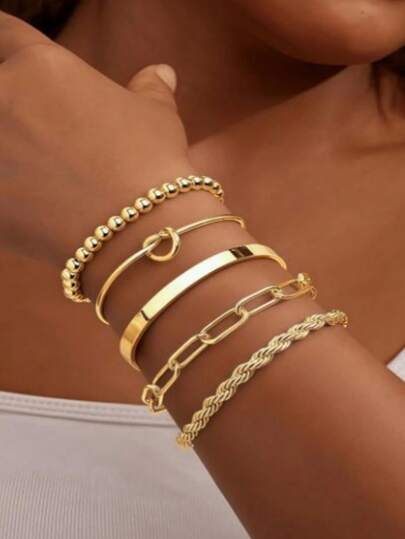 5 pièces Ensemble de bracelets empilés à torsion mixte ajourée de style mode européen et américain pour femmes, bijoux de style punk à chaîne
