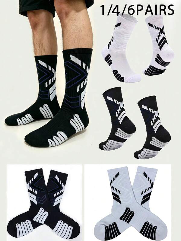 1/4/6 Pairs Men's Mid-Calf Sports Socks, Football Socks, Anti-Slip Shock Absorption, Comfortable Breathable, Suitable For Men's Outdoor Basketball Training, Running And Other Outdoor Activities And Fitness Wear