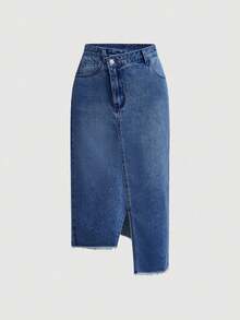 Nuevo 2026 Falda mini de mezclilla casual de mujer con abertura frontal y bajo asimétrico, azul - Azul lavado oscuro - Ver 1