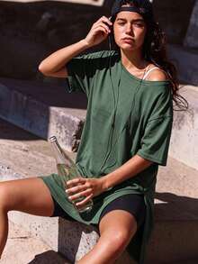 Speed mate 2-teiliges lässiges Set in großen Größen mit lockerem Rundhals-T-Shirt mit Seitenschlitz und Kurzarm + schwarzen Shorts, geeignet für Joggen, Einkaufen, Urlaub und Partysport - Grün - Übersicht 3