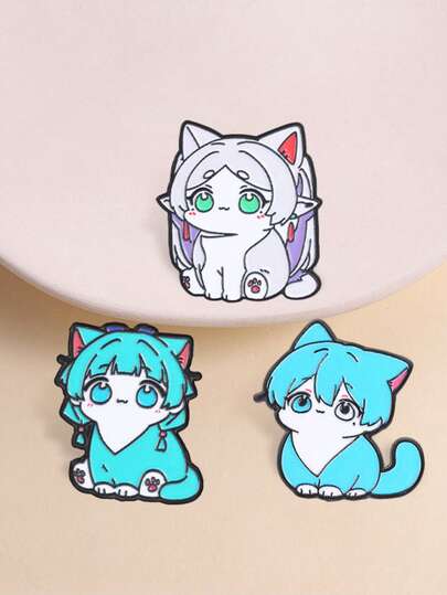 3pcs Cartoon Cute Q-Version Anime Character Cat Flower Enamel Brooches, Classic Anime Character Image Design Badges, Fashion Clothing & Backpack Accessories, Best Gift For Anime Fans