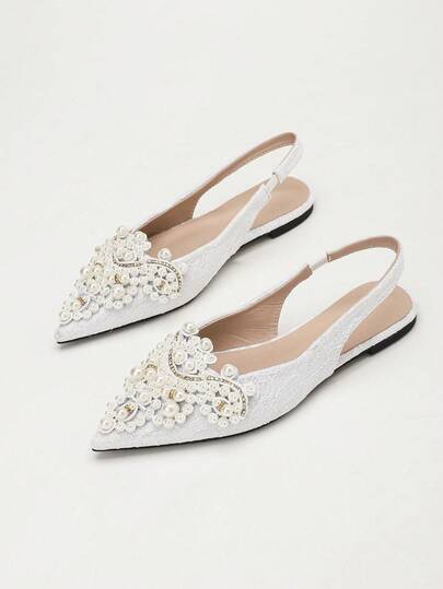 Summer New Fashion Women's Pointed Toe White Lace Minimalist Hollow Out Mary Jane Flat Shoes Casual Comfortable Pearl Back Strap Sandals