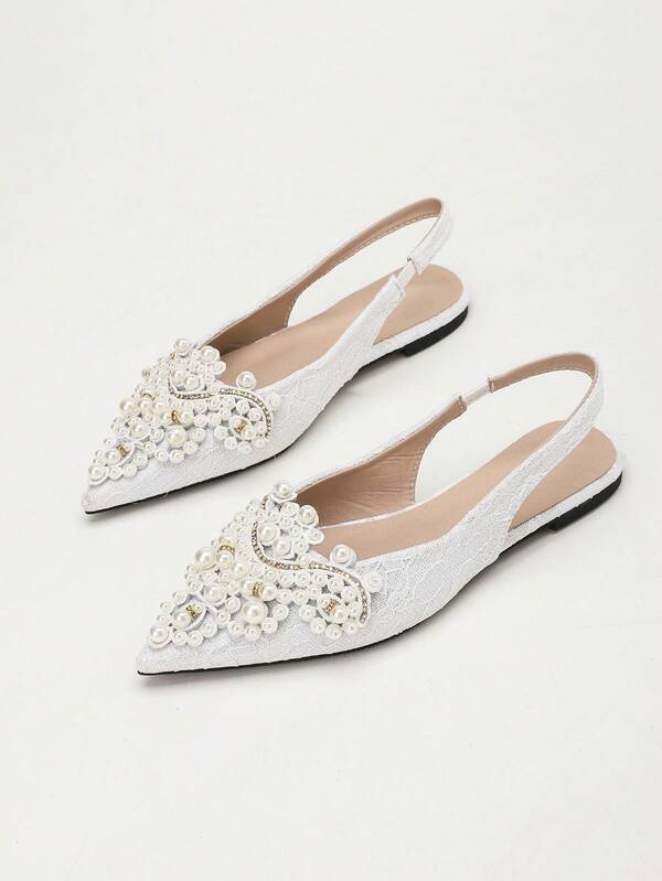 Summer New Fashion Women's Pointed Toe White Lace Minimalist Hollow Out Mary Jane Flat Shoes Casual Comfortable Pearl Back Strap Sandals