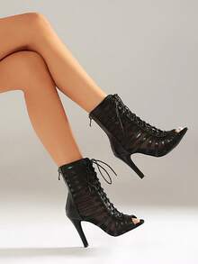 Women's Lace-Up High Heel Ankle Boots, Latin Dance Shoes, Pointed Toe, Suitable For Sports, Party, Autumn/Spring - Black - View 1