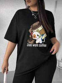 Camisetas de manga corta de cuello redondo de talla grande para mujer - Estampado casual con diseño de gato y café 4FQH - Negro - Ver 1