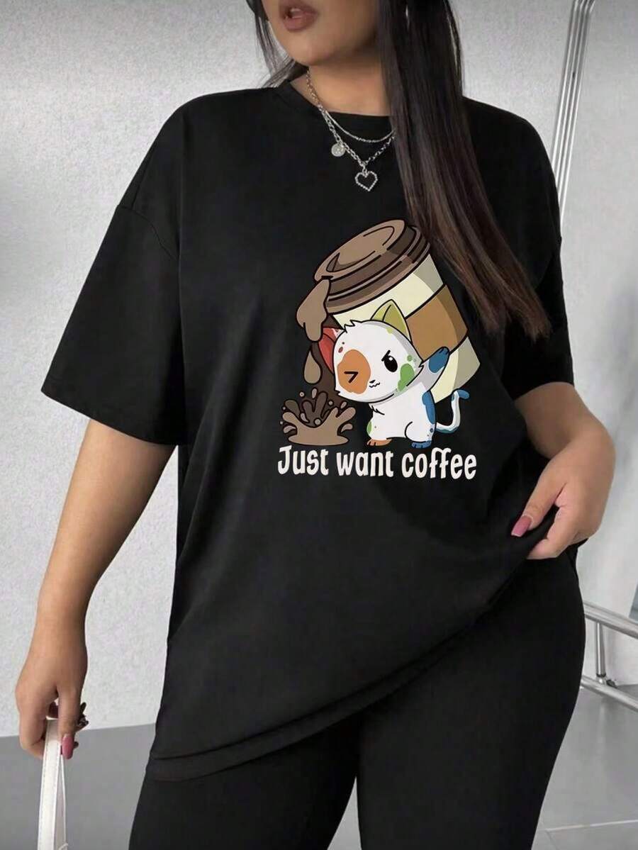 Camisetas de manga corta de cuello redondo de talla grande para mujer - Estampado casual con diseño de gato y café 4FQH - Negro - Ver 1