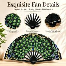 1/3/5pcs Foldable Portable Handheld Fan, Exquisite Peacock Print Pattern With Gold Foil Accents And Blue Floral Design, Premium Smooth Satin Fan Surface, Matte Black Textured Fan Bones, Multi-Scenario Use: Summer Cooling, Home Desktop Decor, Stage Photography Prop, High-End Gift, Suitable For Wedding Favors, Birthdays, Holidays, Anniversaries For Friends And Family - A - View 5