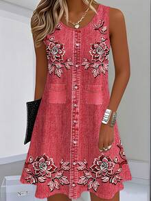 Summer Dress With Color Gradient And Plant Print, Vintage Style, Sleeveless, Loose And Flattering Cut. - Green - View 9