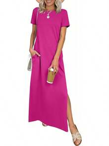 ANRABESS - Vestido largo casual de verano para mujer, manga corta, cuello redondo, dividido, sin arrugas, para viajes, playa, día festivo - Rosa - Ver 26