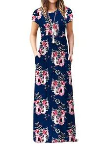 Maxi Vestido Largo de Manga Corta para Mujer con Bolsillos - flor azul marino - Ver 4