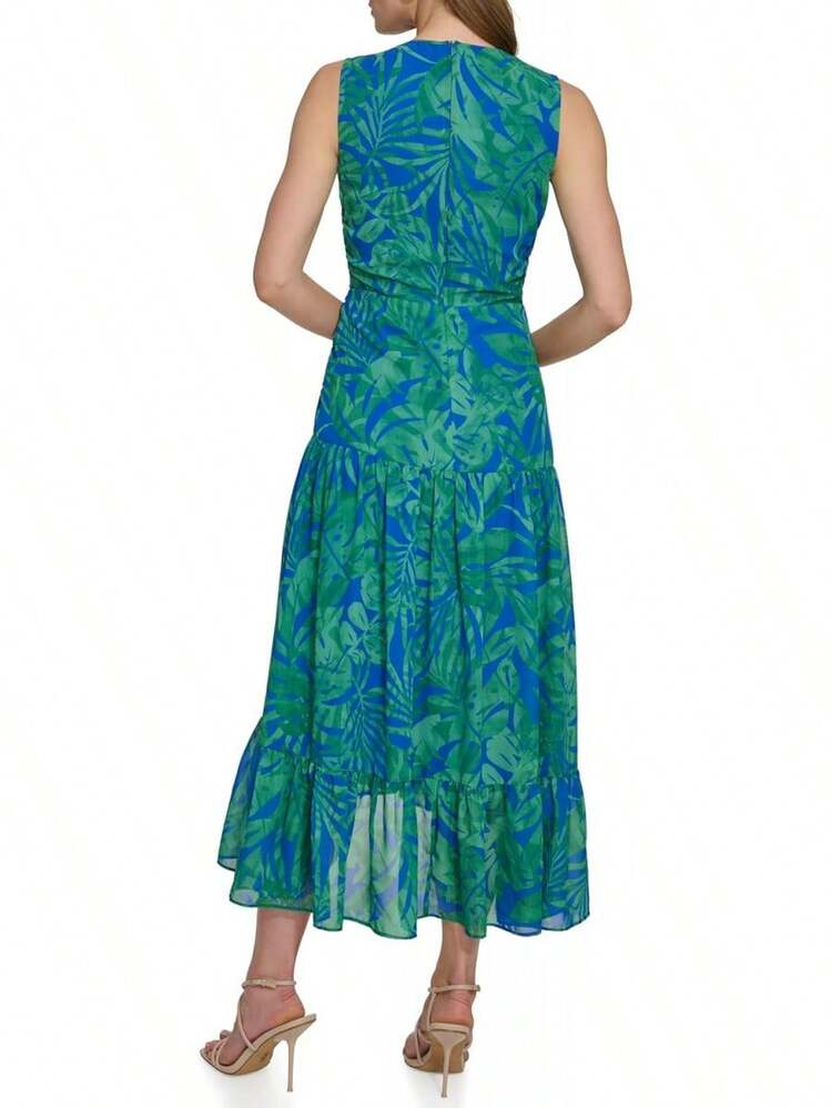 DKNY - Vestido de Manga Corta abombada hasta la Rodilla con Cierre Trasera expuesta - Combo de iris - Añade 4