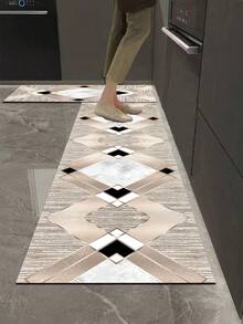 1pc Luxury Milk Tea Color Geometric Rhombus Diatom Mud Kitchen Mat, Sponge Absorbent Layer, Rubber Anti-Slip Bottom 3.5mm Trimmable, Kitchen Bathroom Entryway Living Room Multi-Scene Universal Rug - Multicolor - View 1