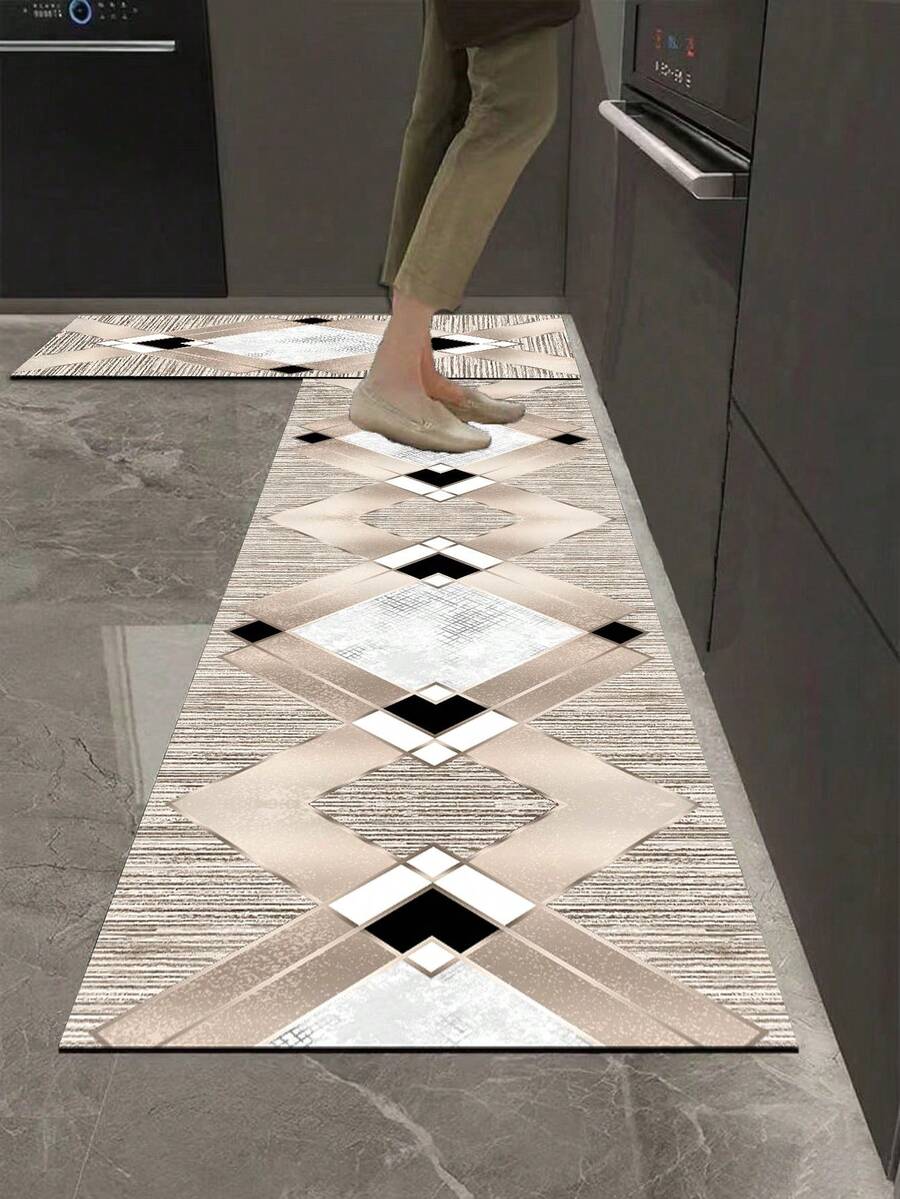 1pc Luxury Milk Tea Color Geometric Rhombus Diatom Mud Kitchen Mat, Sponge Absorbent Layer, Rubber Anti-Slip Bottom 3.5mm Trimmable, Kitchen Bathroom Entryway Living Room Multi-Scene Universal Rug - Multicolor - View 1