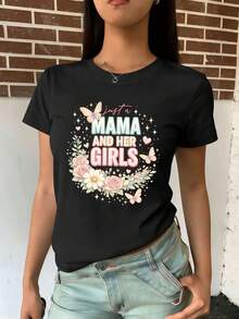 Camiseta Mama Graphic Floral Butterfly Primavera, Algodón Suave, Cuello Redondo, Ajuste Sencillo, Cómoda, Estilo Hip-Hop Urbano - Negro - Ver 2