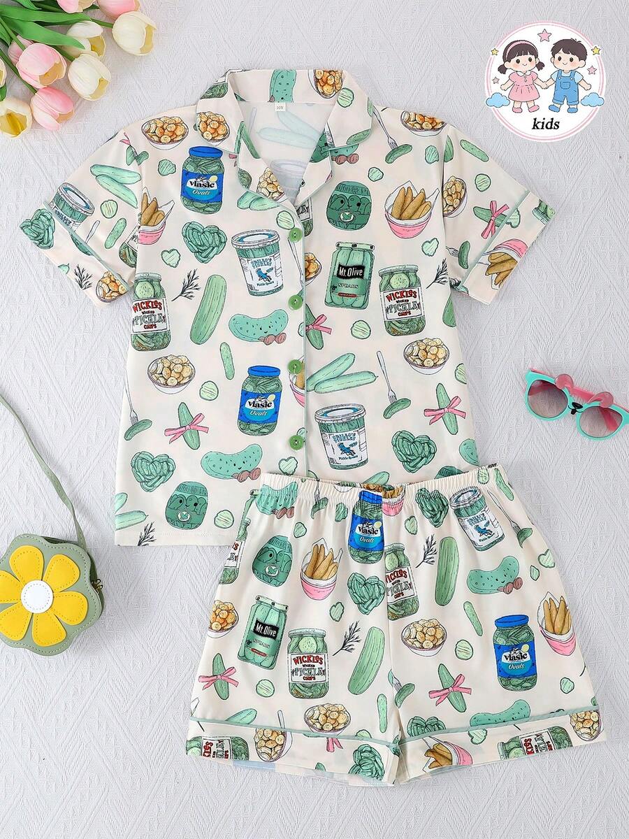 2pcs/Set Girls' Cute Food Pattern Print Lapel Short Sleeve Cardigan And Shorts Sleepwear Set, Flame Retardant, All Season