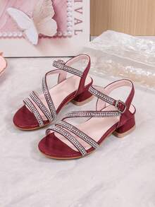 Summer New Girls' Sandals, Little Girls' Rhinestone & Pearl Open Toe Princess Shoes, Mid-To-Large Children's Evening Party & Performance Shoes - Burgundy - View 14