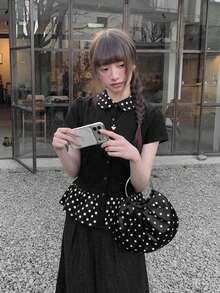Summer New Black & Polka Dot Puff Collar Short Sleeve T-Shirt, Fitted Flattering Design, Versatile Top Casual - Black - View 3