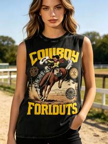 Retro Western Cowboy Sleeveless Vest Washed Cotton Breathable Fabric, Comfortable For Outdoor Wear Unisex American Street Style - 黑色2 - 查看 3