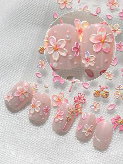 New Chinese Style Spring Peach Blossom 6D 3D Embossed Nail Stickers, Pink-White Gradient Peach Petals With Mini Gold Bells, Satin Bows, Pearl Beads, Transparent Soft Gel For Full And Smooth Embossed Texture, Soft Pink Watercolor Gradient, Thin Semi-Transparent Base Film Suitable For Nude Pink, Ice Clear, Milk Tea Light Color Nail Polish Base