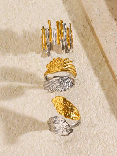3pcs Stainless Steel 18K Gold Plated Summer Fashion Casual Style Geometric Wing Leaf Ring Set Suitable For Women Daily And Holiday Wear