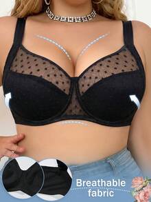 mimilemon Women's Plus Size Polka Dot Mesh Lace Underwire Bra, Comfortable Breathable Fabric, Push-Up Lift, Adjustable Wide Strap, Full Support - Black - View 2