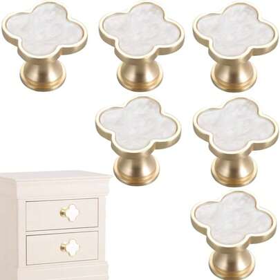 1/2/4/6/8/10pcs Brass Clover Knobs, Gold Cabinet Pulls Cabinet Drawer Dresser Furniture Kitchen Wardrobe Bathroom Decorative Door Handles Zinc Alloy Single Hole Knobs