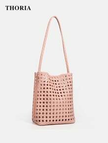2026 New Pink Hollow Embossed Woven Bag, Women's Shoulder Bag With Small Bag, Large Capacity Bag, Vacation Travel Charm Versatile Leisure Bucket Bag - Pink - View 1