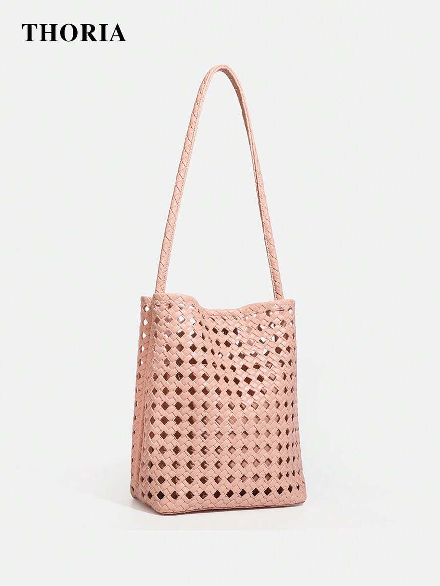 2026 New Pink Hollow Embossed Woven Bag, Women's Shoulder Bag With Small Bag, Large Capacity Bag, Vacation Travel Charm Versatile Leisure Bucket Bag - Pink - View 1