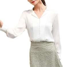 Camisa de manga larga de seda con solapa para mujer, diseño de negocios con hebillas sólidas, cuello en V, blusa delgada - Rojo vino - Ver 10
