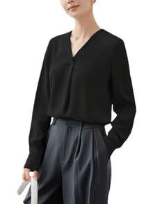 Blusa holgada formal con cuello en V y manga larga para mujer, con pliegues de negocios - azul claro - Ver 14