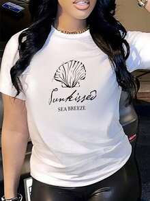 Talla Grande, Camiseta de Mujer con Estampado de Conchas - Estilo Europeo y Americano, Blusa de Manga Corta con Cuello Redondo, Casual, Lavable a Máquina, Adecuada para Todas las Temporadas, - Blanco - Ver 1
