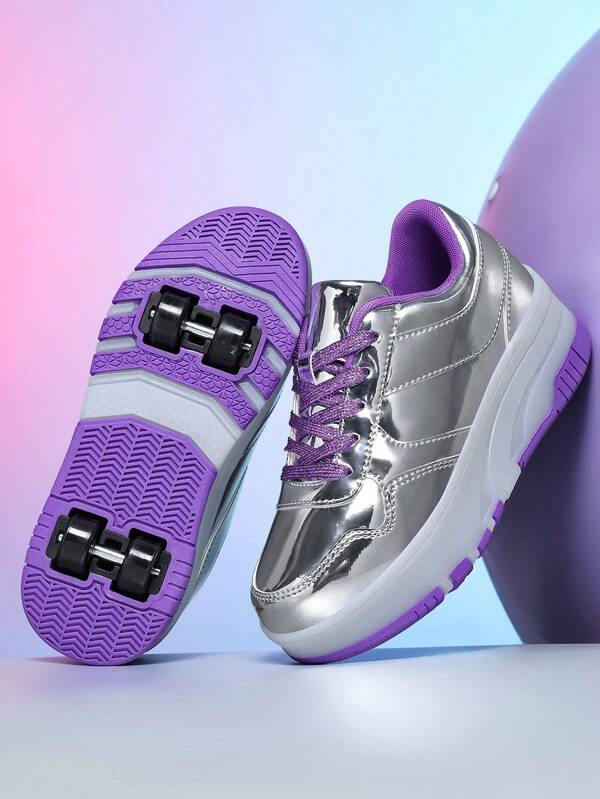 BLSART Girls' Silver & Purple Colorblock Mirror Finish Roller Sneakers, 4-Wheel Hidden Roller Shoes, Thick Sole Anti-Slip Casual Roller Skates