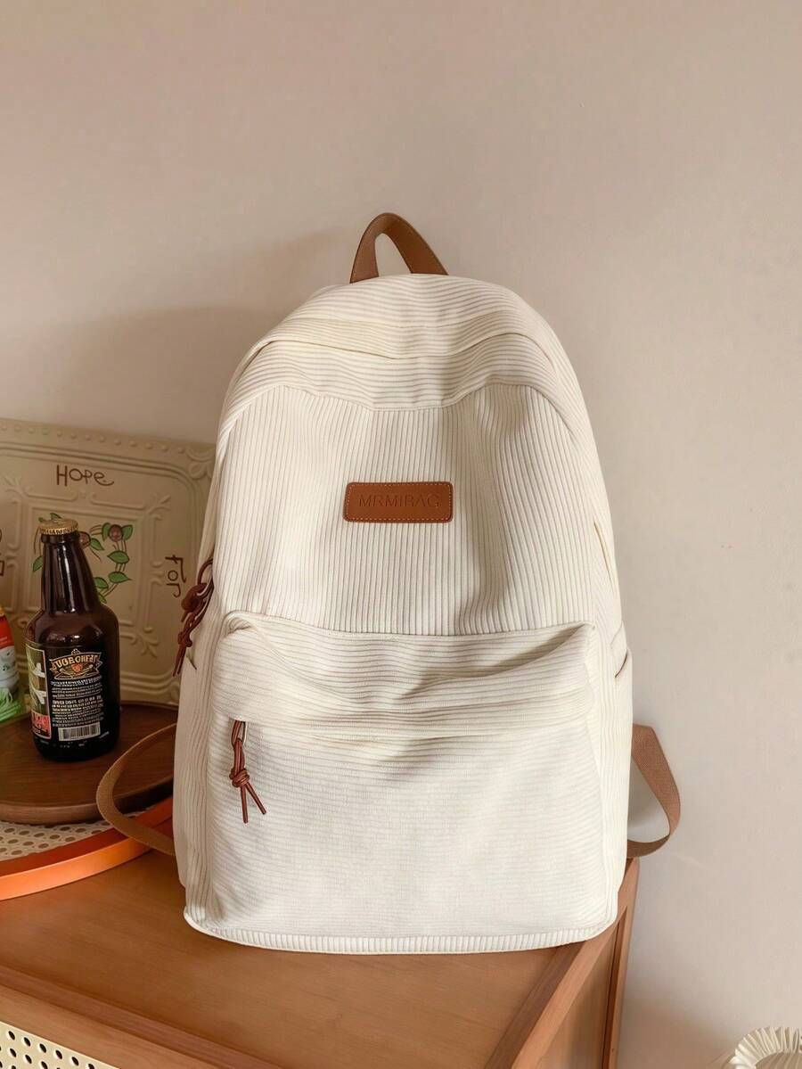 Minimalist Large Capacity Backpack For Women, Solid Color, Functional Corduroy Backpack With Letter Patch, Large Capacity, Lightweight And Portable, Perfect For Teens, Women, Students - Apricot - View 1