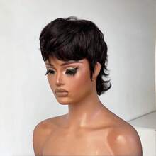 Women's Short Brazilian Remy Human Hair Wig, Mullet Style Pixie Cut, 27/613, 1B Black, 4/33 Color, Cute Short Mullet Wig With Bangs, Layered Design, Easy To Wear No Lace Front, Natural Curly Hair, Suitable For All Ethnicities - Multicolor - View 15