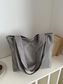 Bolso de hombro tipo tote de pana de color liso - Gris - Ver 10