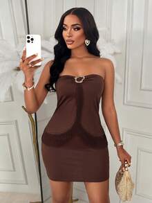 Autumn Brown Tassel Bandeau Two Pieces Set, Metal Ring Ruched Bandeau Top & Fitted Mini Skirt Outfit Summer - Brown - View 5
