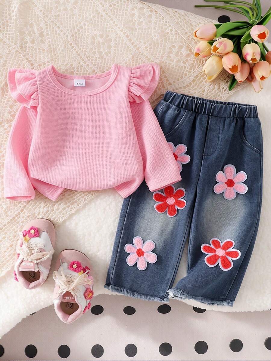 Baby Girl 2pcs Set, Ruffled Collar Pink Waffle Blouse + Gradient Floral Applique Denim Pants, Sweet Style For Spring/Autumn - Pink - View 1