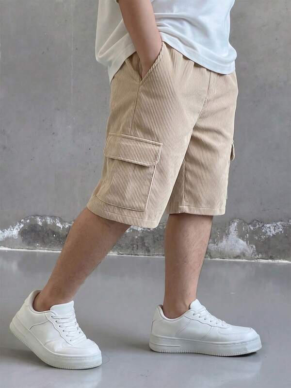 Boys' Corduroy Cargo Shorts, Loose Fit Multi-Pocket Casual Bermuda Pants, Versatile For Teens, Spring/Summer Daily & School Wear