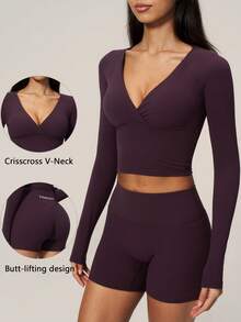 TimeOff Women's One Set Solid Color Criss-Cross Deep V-Neck Cropped Waist Long Sleeve Slim Fit Shorts Sports Set - Purple - View 1