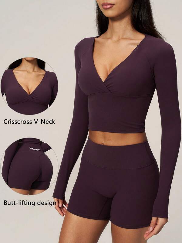 TimeOff Women's One Set Solid Color Criss-Cross Deep V-Neck Cropped Waist Long Sleeve Slim Fit Shorts Sports Set