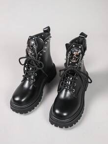 Sepatu Bot Wanita Motif Tengkorak Gaya Gelap, Sol Tebal, Sepatu Bot Motor Punk Bertali Keling untuk Menambah Tinggi Badan, Setengah Betis - Hitam - View 4
